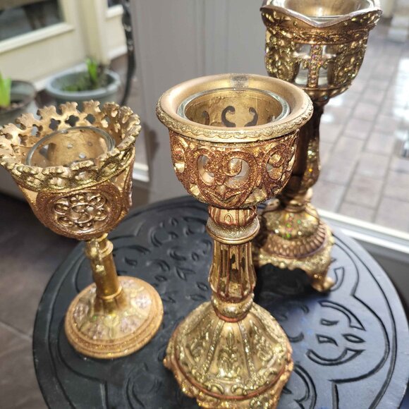 Elaborate Baroque Glittery Gold Candle Sticks With Glass Set of 3 - Picture 3 of 3